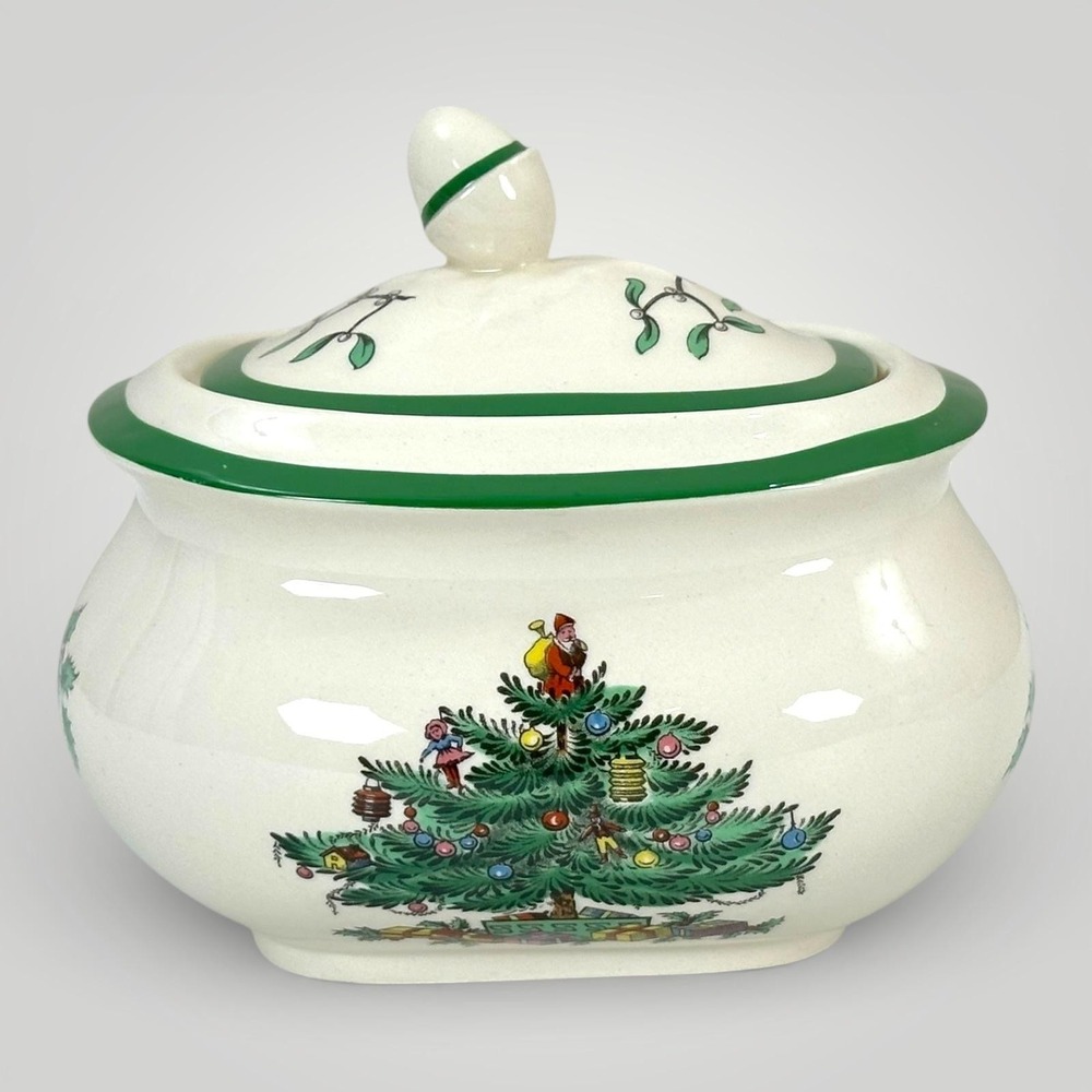 Spode Christmas Tree Covered Sugar Bowl England Earthenware Holiday Serveware